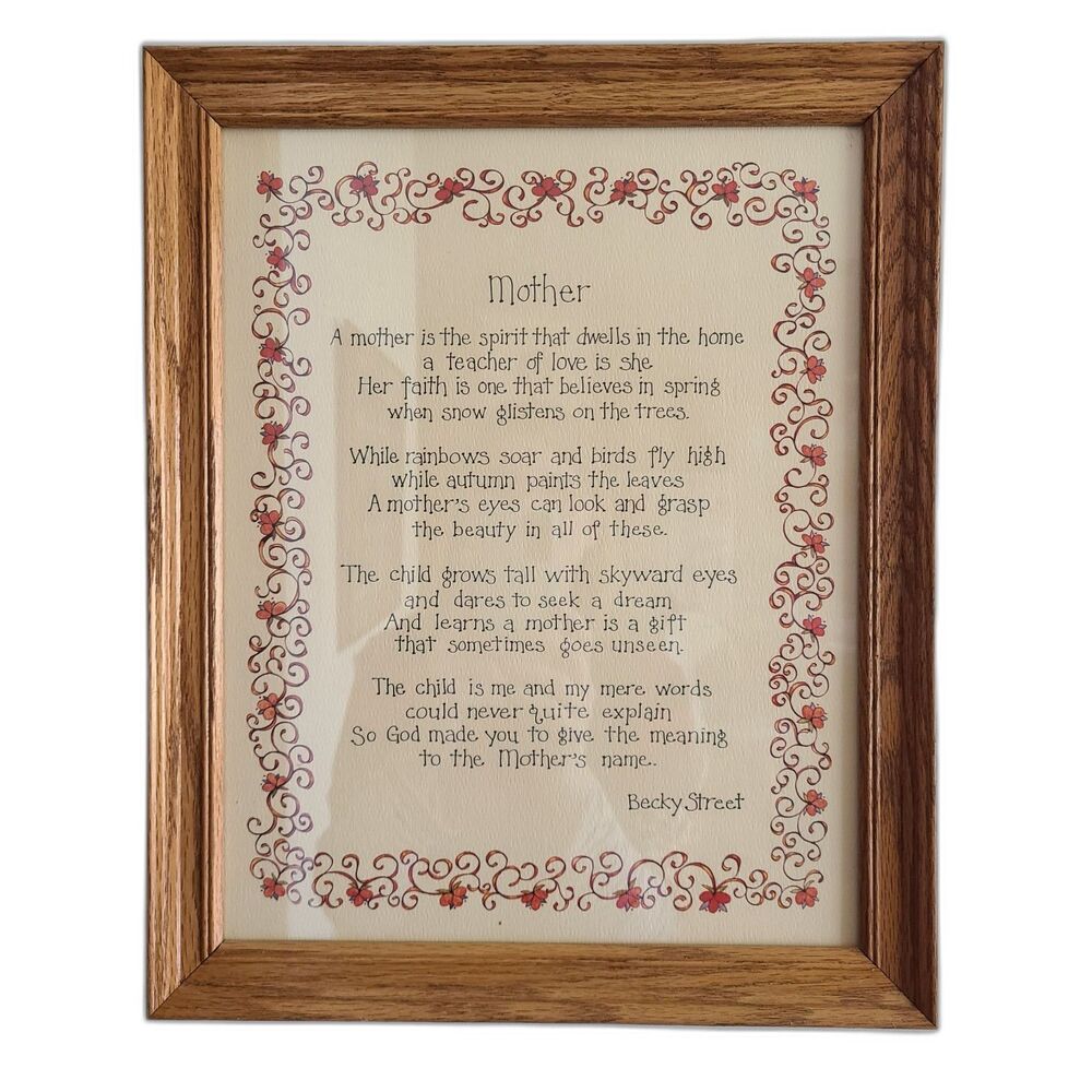 Mother Poem By Becky Street Vintage Framed Wall Hanging Floral Border Oak Frame